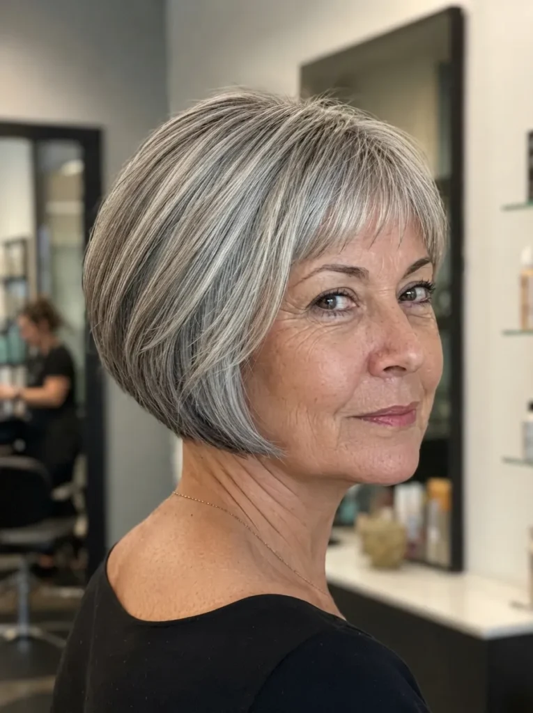 A mature woman showcasing a sleek, angled silver bob haircut with bangs, captured in profile in a salon environment.