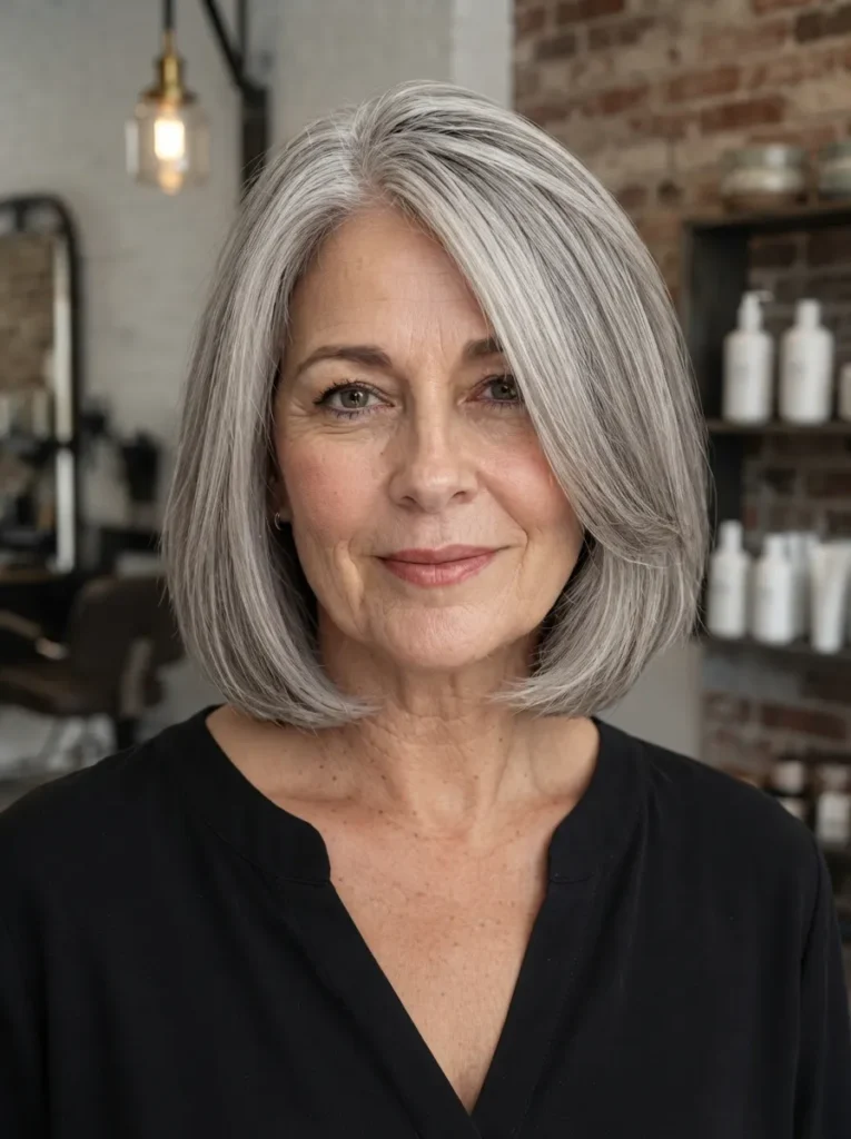 A graceful middle-aged woman featuring a classic chin-length gray bob haircut with soft volume.