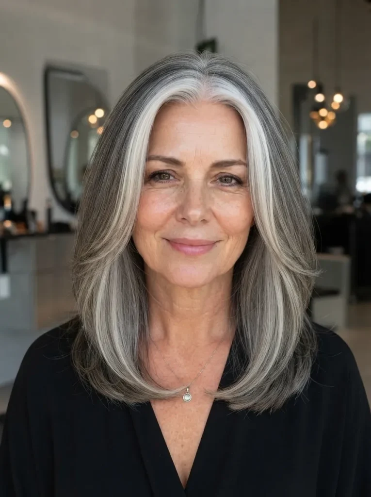 A mature woman with long, layered silver hair featuring bright, chunky gray-white money pieces framing her face, wearing a black top.
