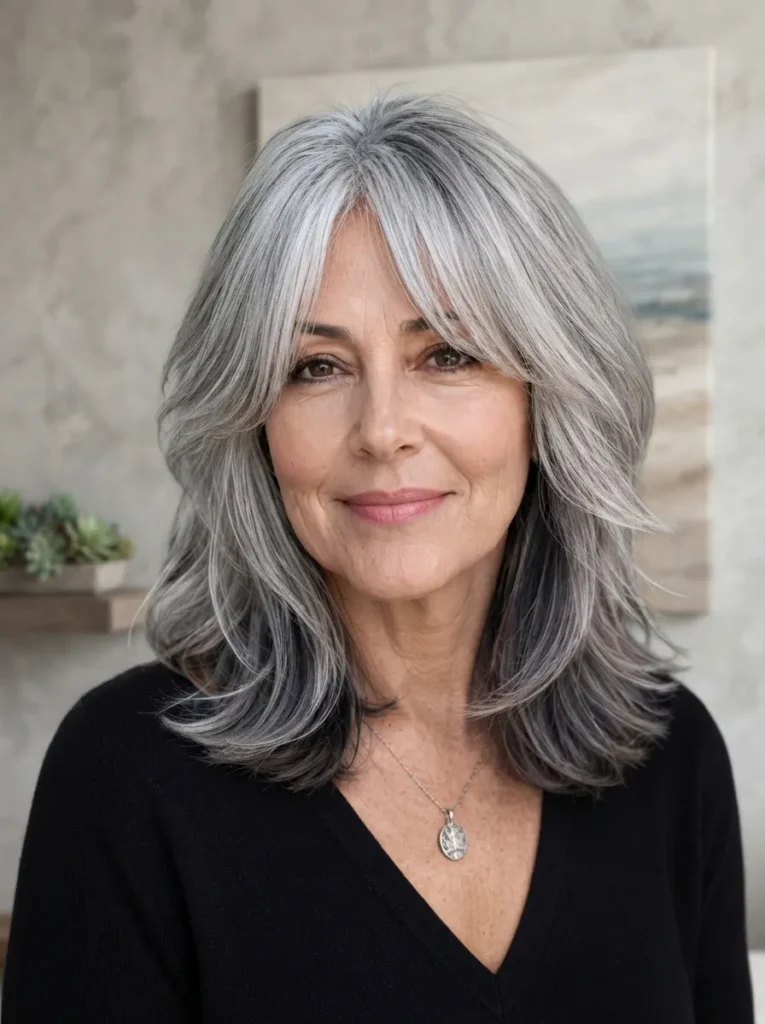 A middle-aged woman with medium-length layered silver hair and face-framing bangs, wearing a black top and a delicate silver pendant necklace, smiling gently at the camera.