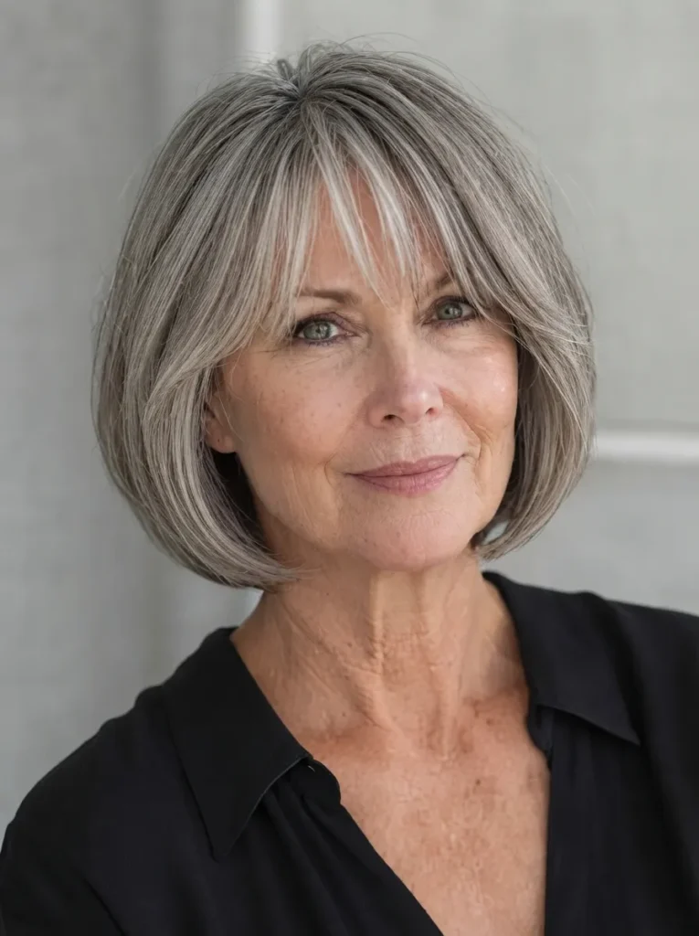 A mature woman with a sleek gray bob haircut and straight bangs wearing a black top.