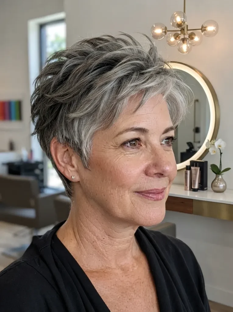 A mature woman with a voluminous, textured silver and dark-gray pixie-crop hairstyle, wearing a black top with a modern lit mirror and chandelier in the background.