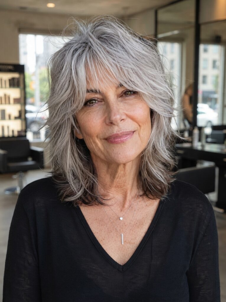 A smiling woman with a textured gray shag haircut, layered shoulder-length hair, and subtle fringe