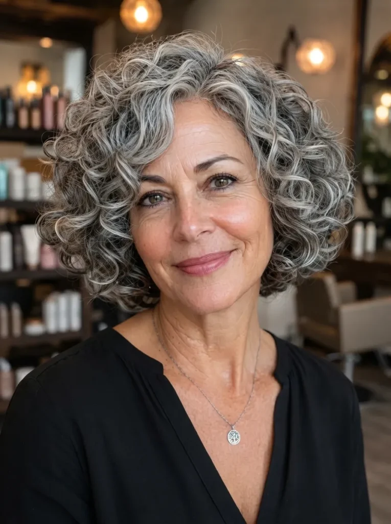 A smiling mature woman with bouncy, curly gray and silver bob-length hair in a salon setting.