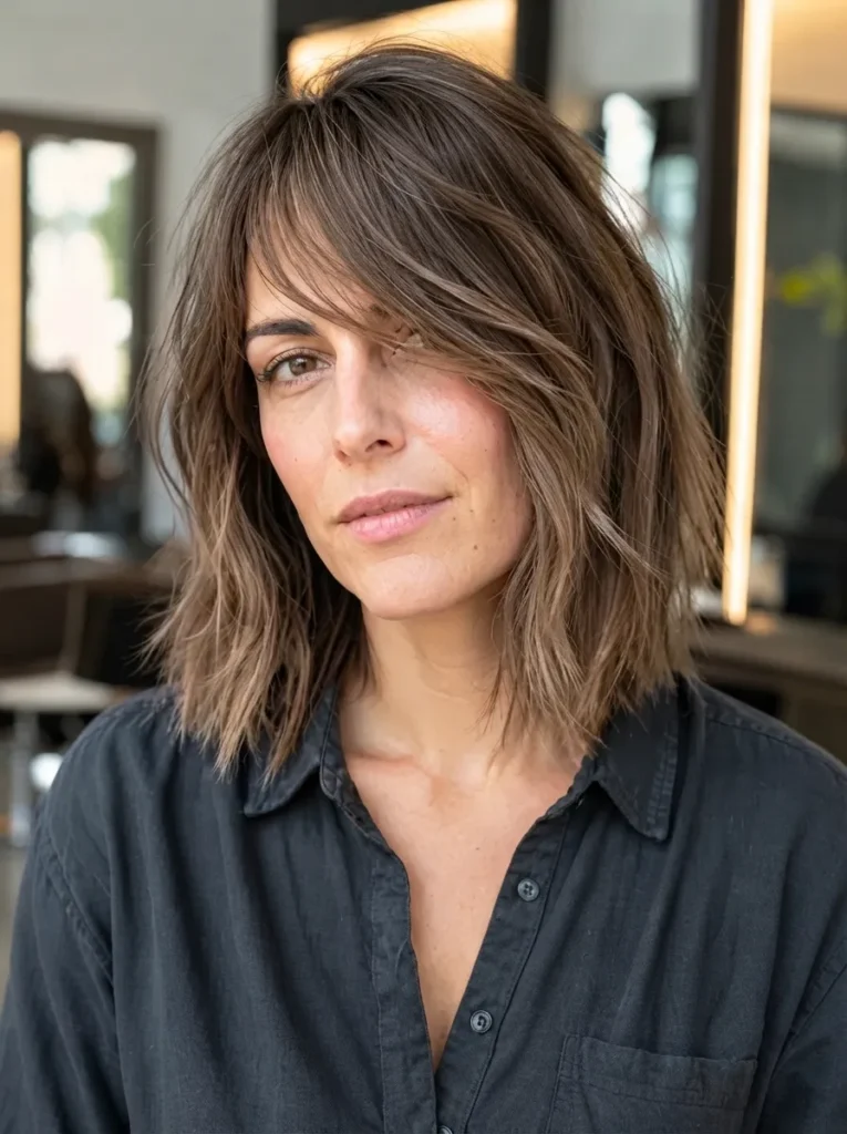Woman with a medium brown textured lob hairstyle and side-swept fringe wearing a dark button-down shirt