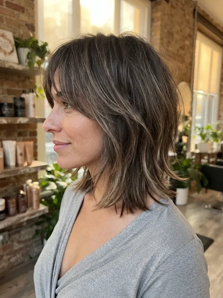 Medium choppy shag on dark brown hair, side profile view in a grey top.