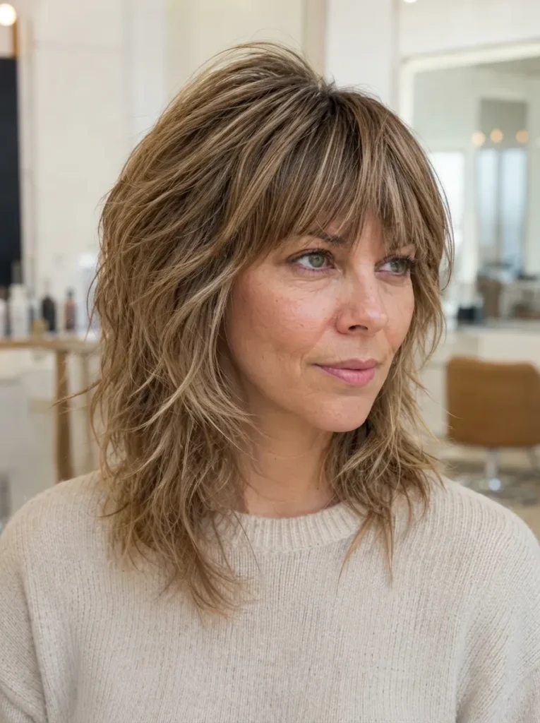 Medium choppy shag haircut on light brown hair with a fringe.
