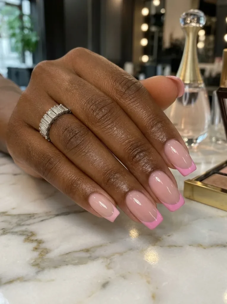 Medium square nails featuring a neutral nude base paired with glossy light pink French tips