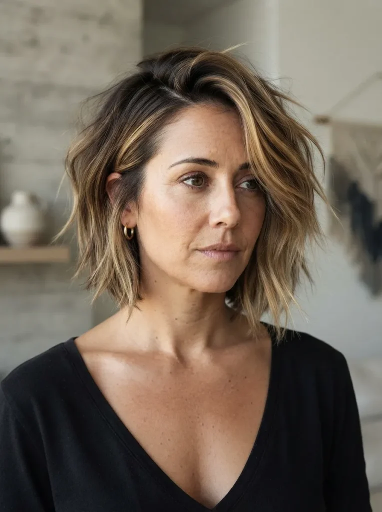 Woman with a messy, choppy brunette bob featuring caramel highlights and a black top.