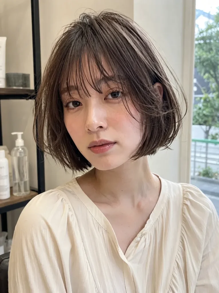Messy brown bob with wispy bangs in a bright hair salon setting