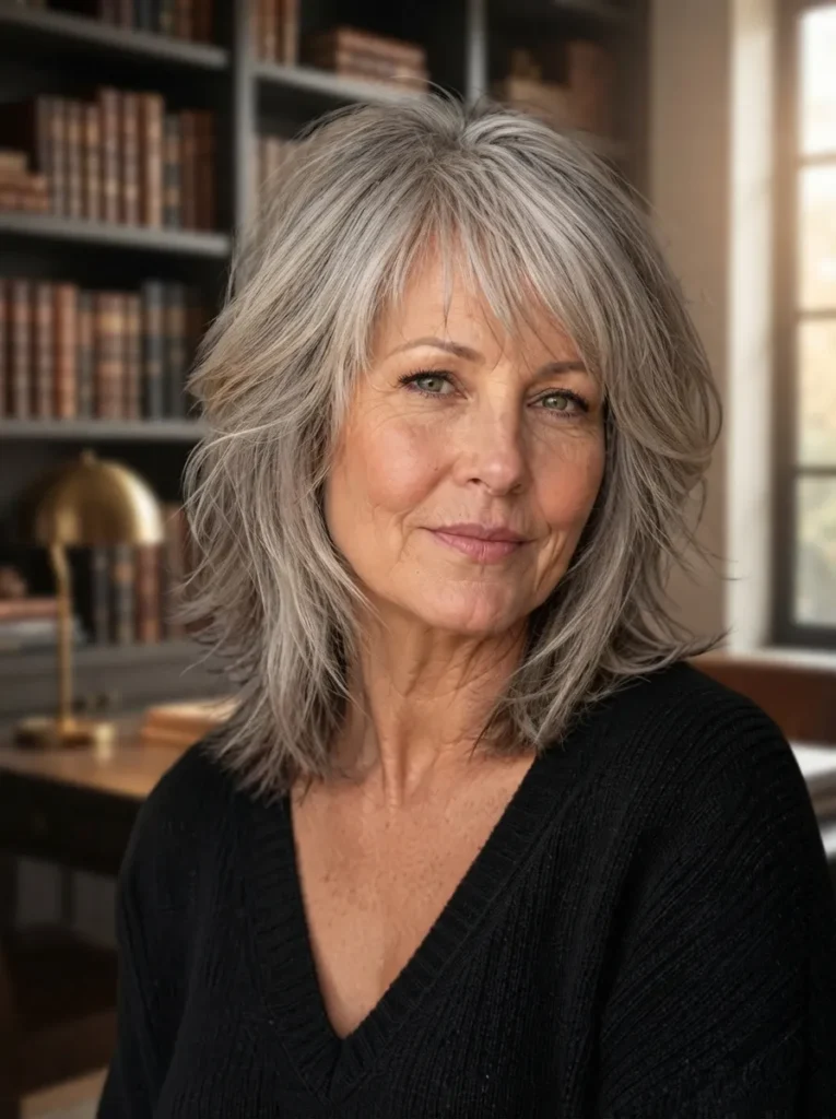A mature woman with shoulder-length, textured silver-gray hair featuring bangs, standing in a study or library setting with bookshelves and a small desk lamp.