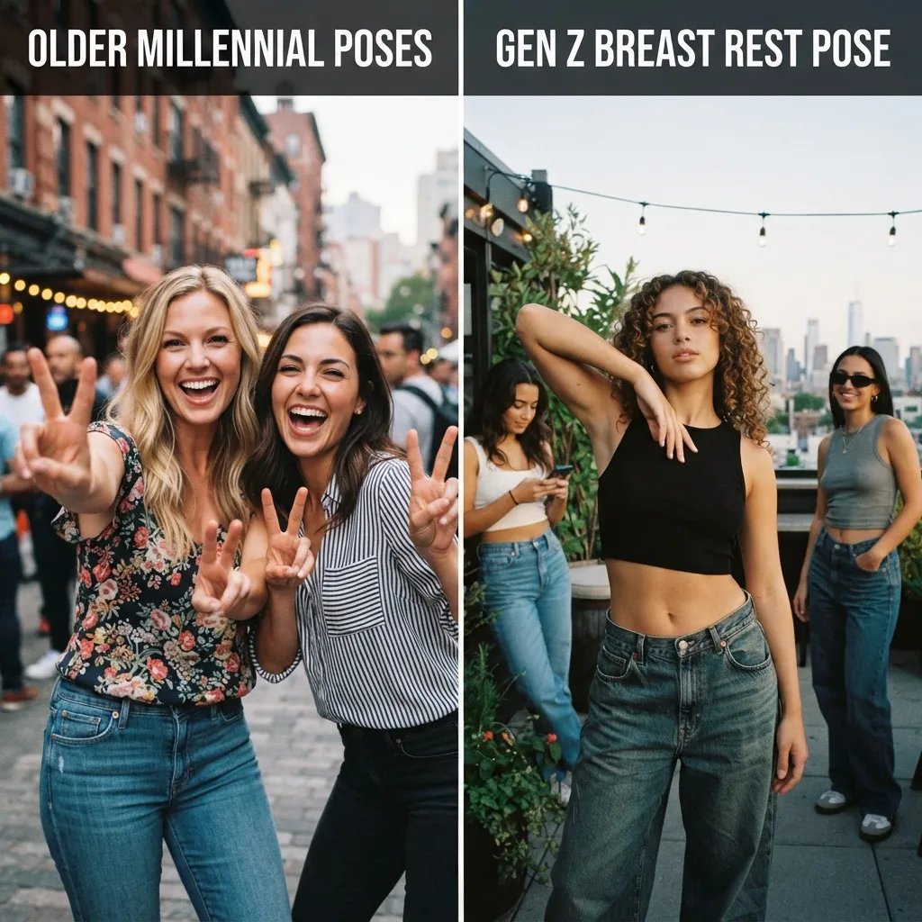 Comparison showing older millennial peace sign poses versus a Gen Z chest-rest pose.