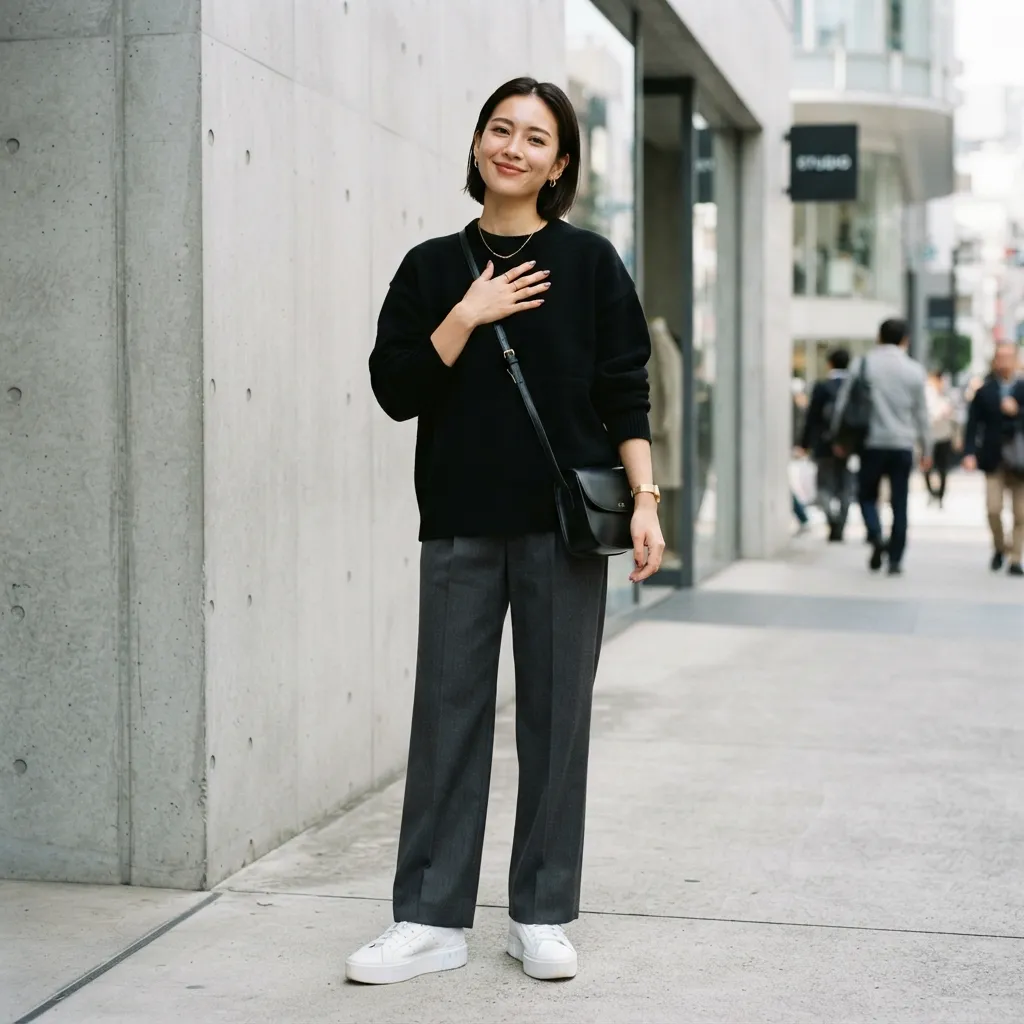 A woman showcasing minimalist street fashion in a black sweater and grey trousers against a concrete wall.