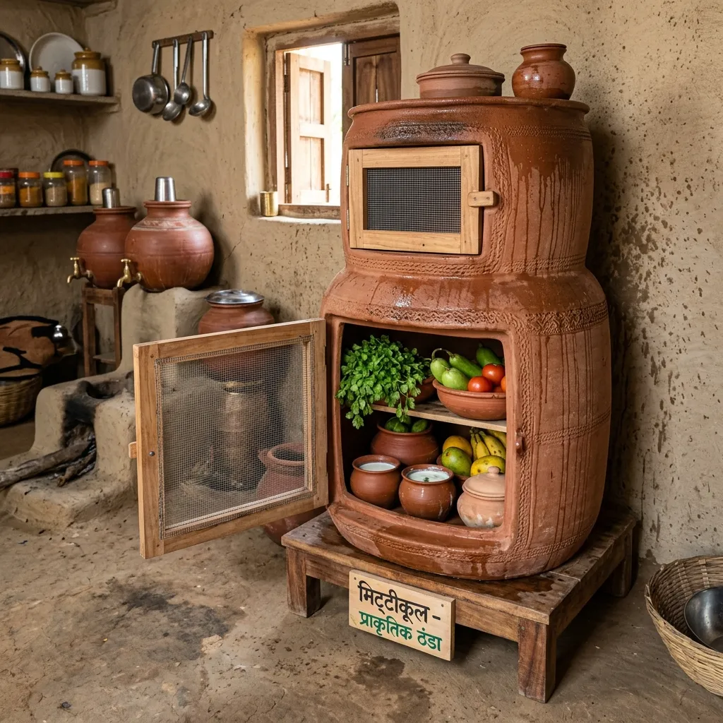 A Mitticool clay refrigerator with an open wooden-mesh door in a rustic rural kitchen, storing fresh produce and dairy products naturally.