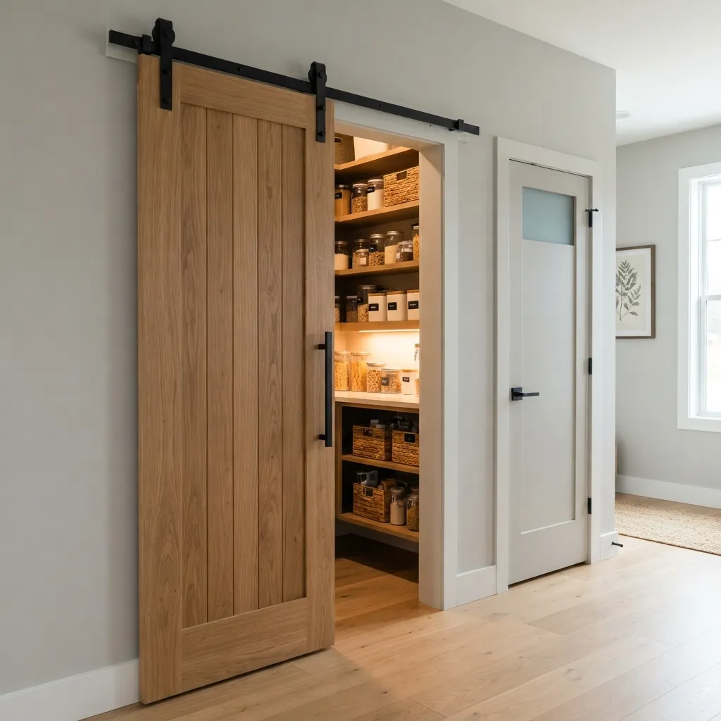 A modern light-wood sliding barn door with black hardware, partially open to reveal a well-organized walk-in pantry with wooden shelves filled with jars, containers, and wicker baskets in a hallway.