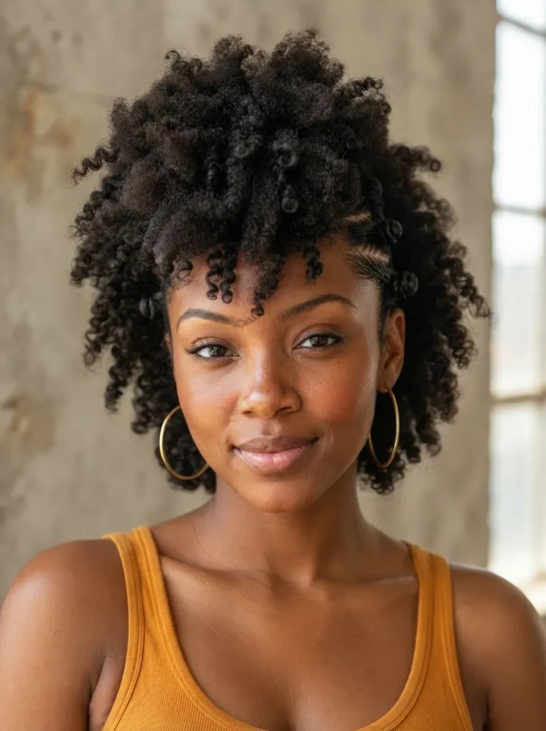 A Black woman with a curly mohawk twist-out style, featuring small Bantu knots along the side of her head.