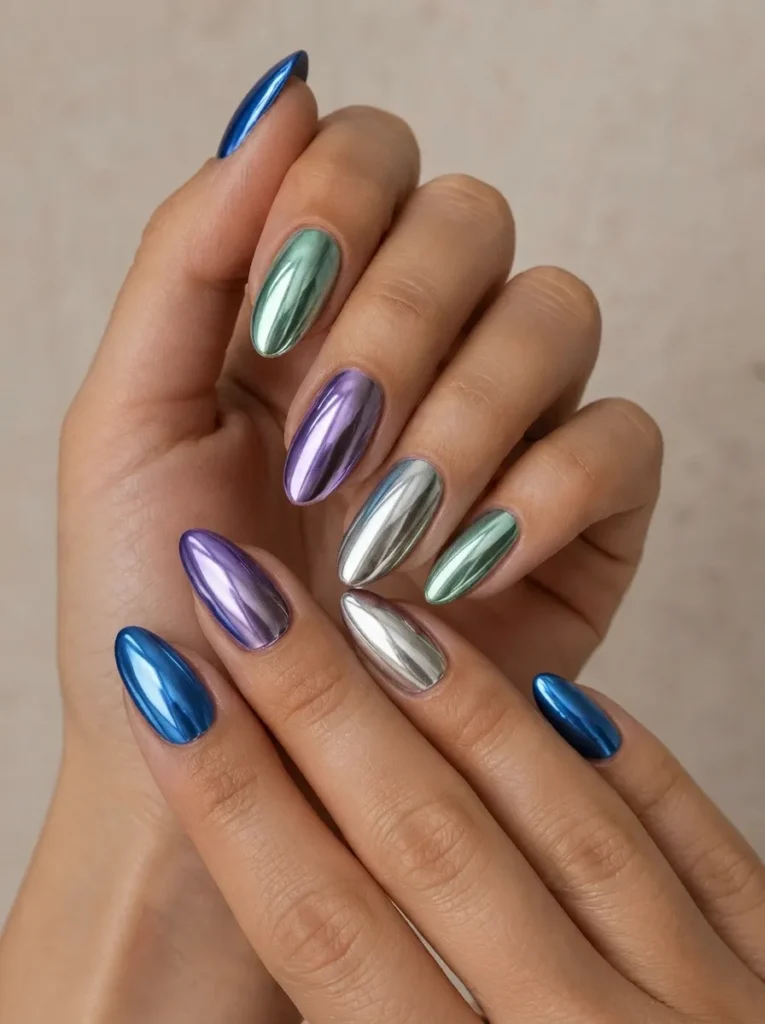Hands showcasing high-shine metallic candy chrome almond nails in vibrant shades of blue, green, purple, and silver.