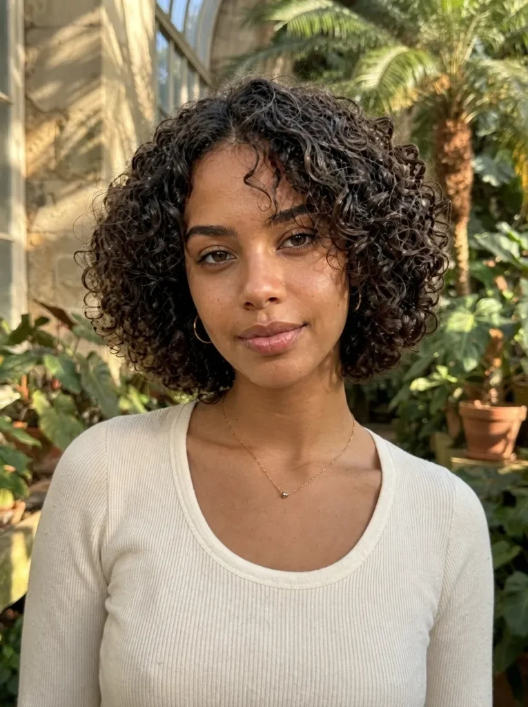 Front portrait of a woman with bouncy, dark brown curly hair styled into a voluminous chin-length bob in a sunlit botanical garden.