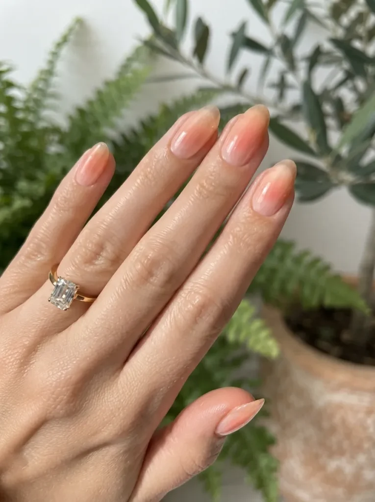 Hand with natural peach gradient glow almond nails wearing a diamond ring near potted plants