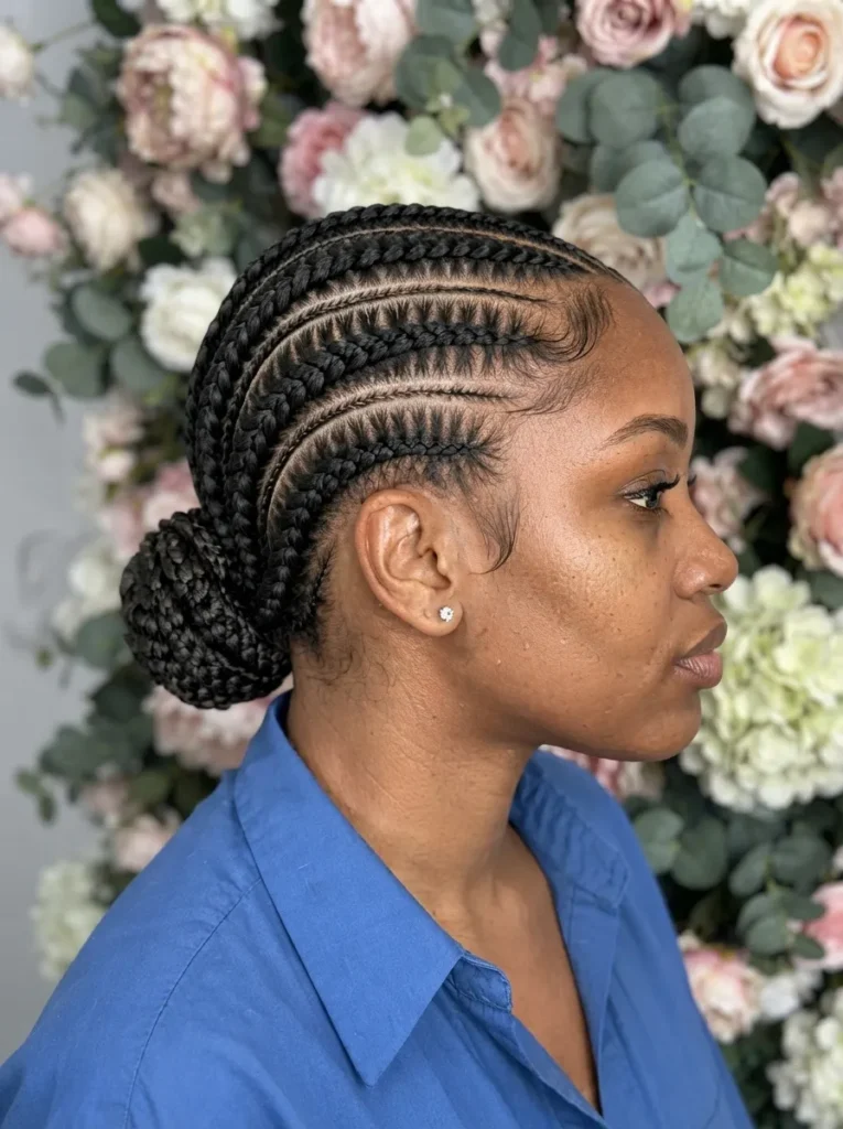 Profile view of a woman with clean stitch cornrows gathered into a neat low bun against a floral background.