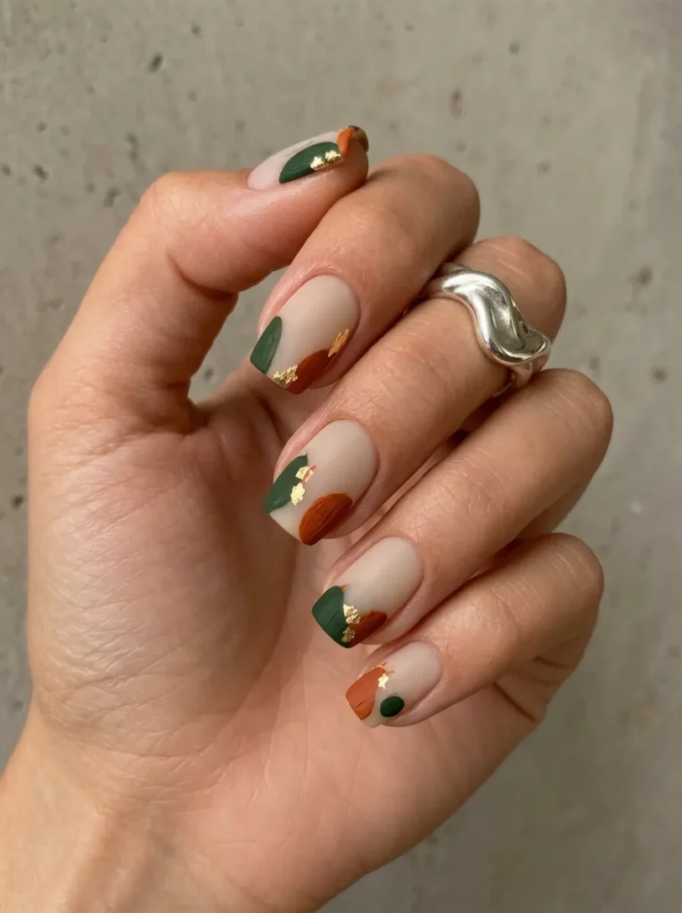 Hand featuring a neutral base manicure decorated with abstract green and rust brush strokes and delicate gold foil