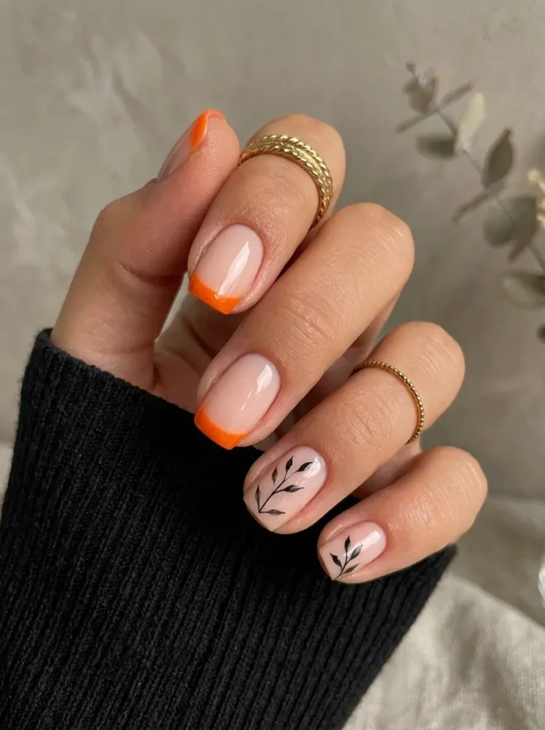Hand in a black sweater showing a nude manicure with vibrant orange French tips and black leaf art