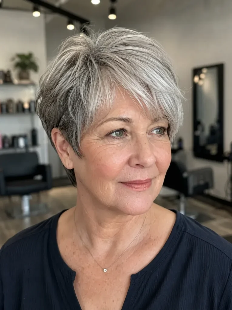A mature woman with a chic, textured silver pixie cut, wearing a dark V-neck top with a simple necklace inside a modern salon.
