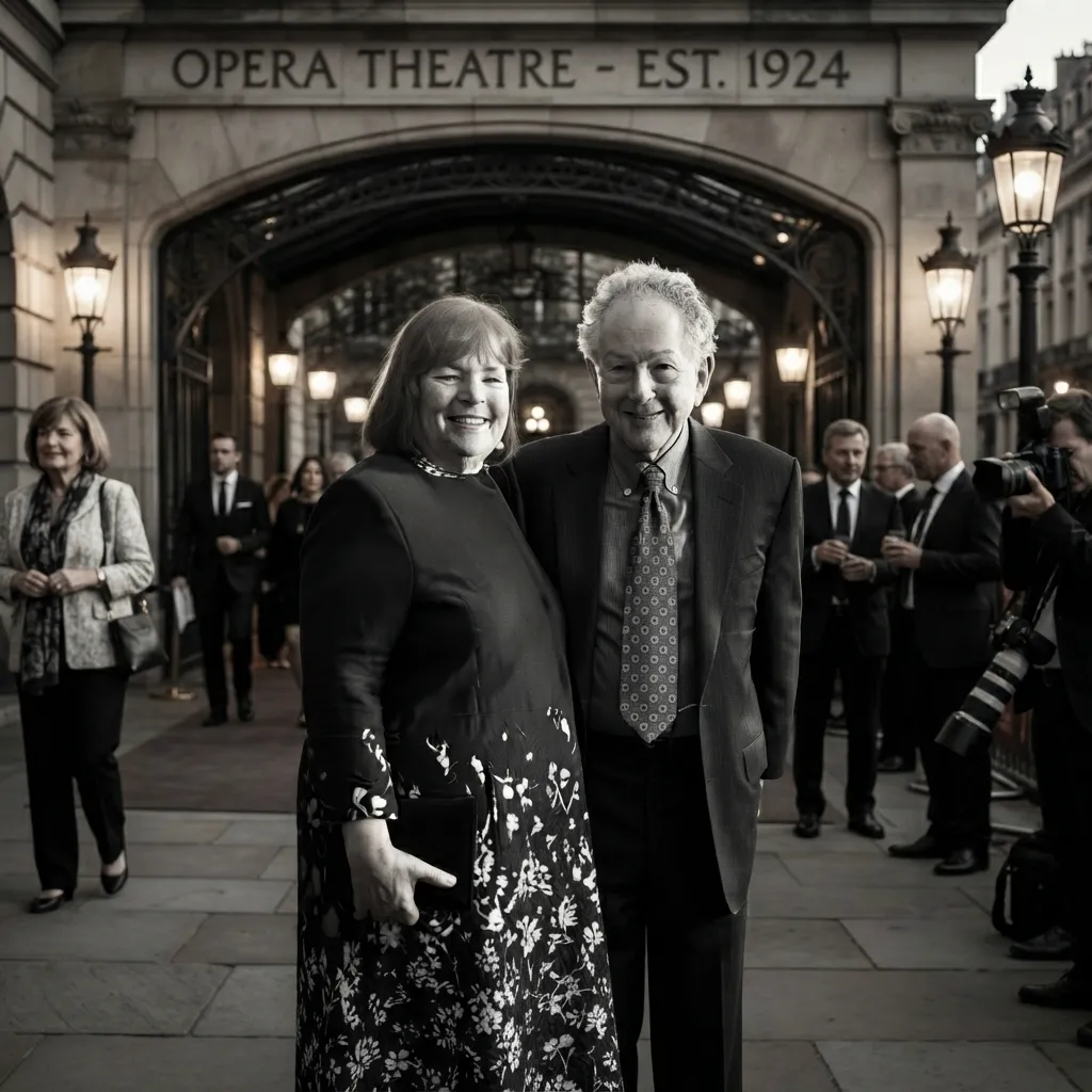 An older couple posing together in black-and-white in front of the entrance of an "Opera Theatre - Est. 1924" building with photographers and attendees in the background.