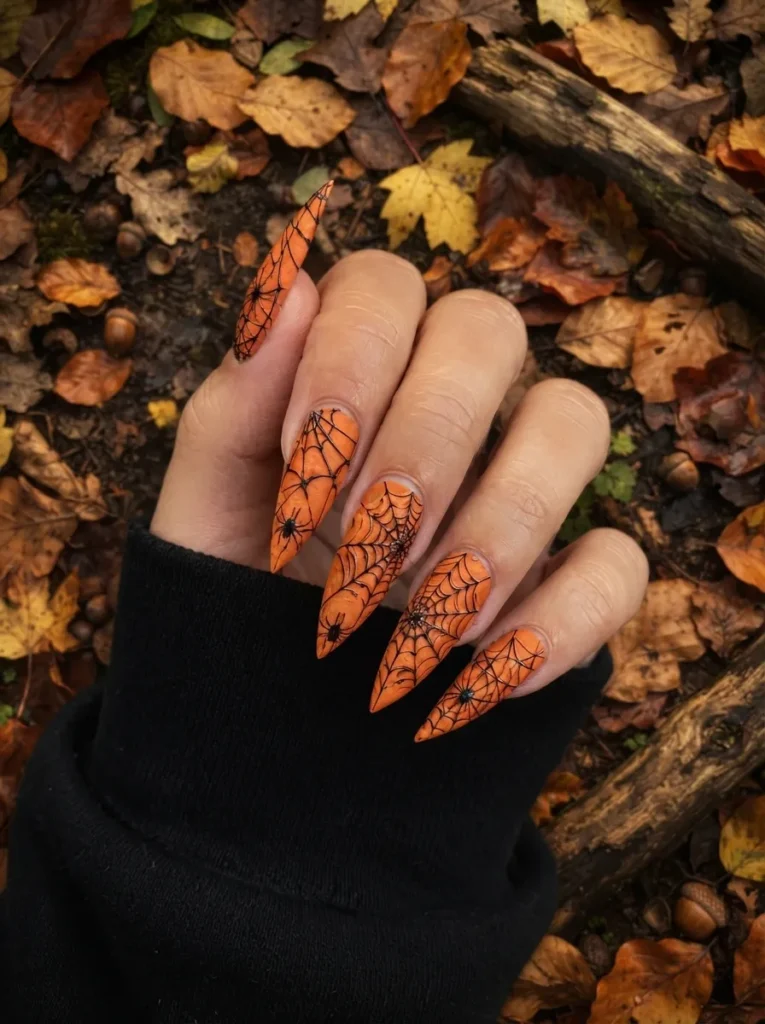 Stiletto-shaped Halloween nails featuring vibrant orange bases with detailed hand-painted black spiderwebs and spiders