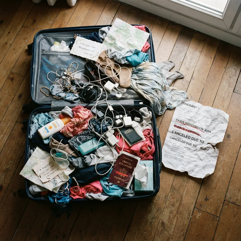 An open suitcase packed with tangled cables, clothing, a passport, and maps, sitting on a wooden floor next to a crumpled itinerary sheet stamped with "Canceled due to...".