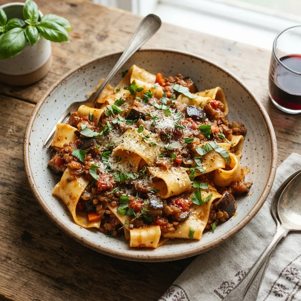 Bowl of wide pappardelle pasta tossed in a rich vegetable and lentil ragu, garnished with fresh basil.