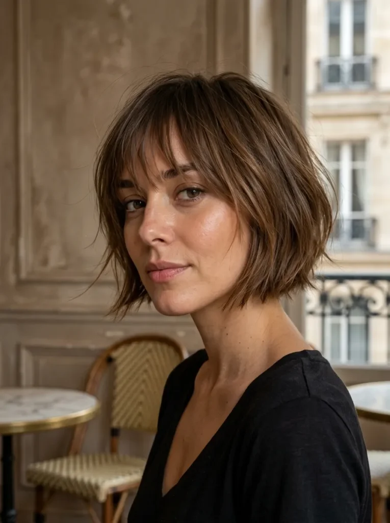 Woman with a Parisian brunette bob and soft bangs in a cafe background.