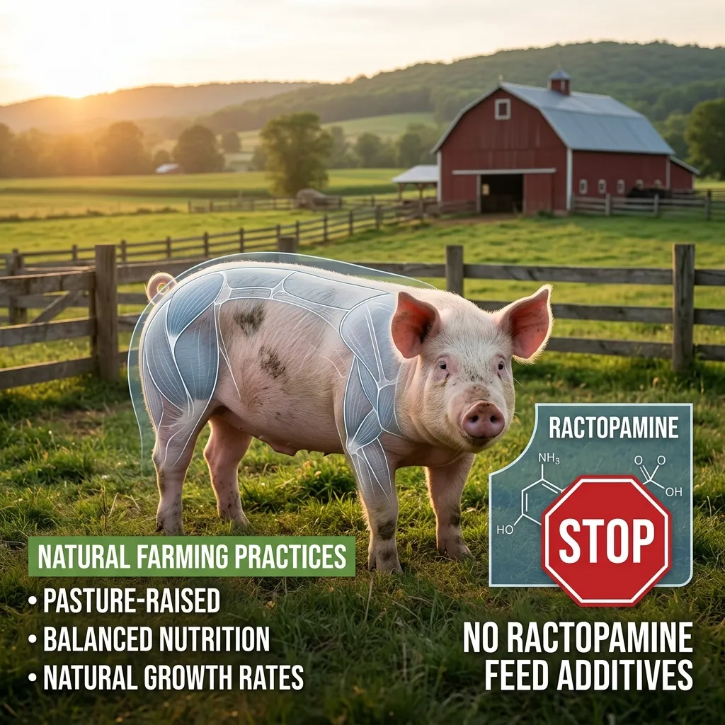 Infographic demonstrating natural farming practices and a ban on ractopamine feed additives on a pasture-raised pig farm.