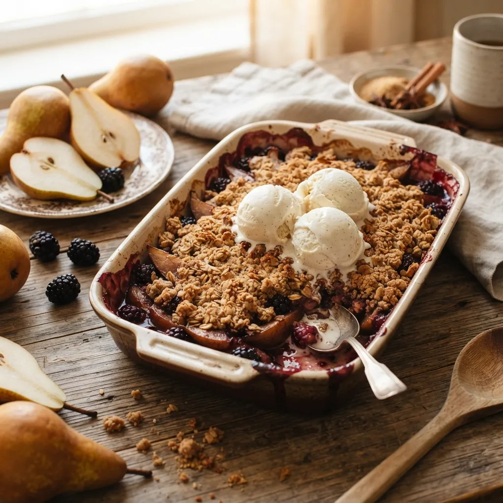 Freshly baked pear and blackberry crumble in a rectangular dish, topped with three scoops of vanilla ice cream.