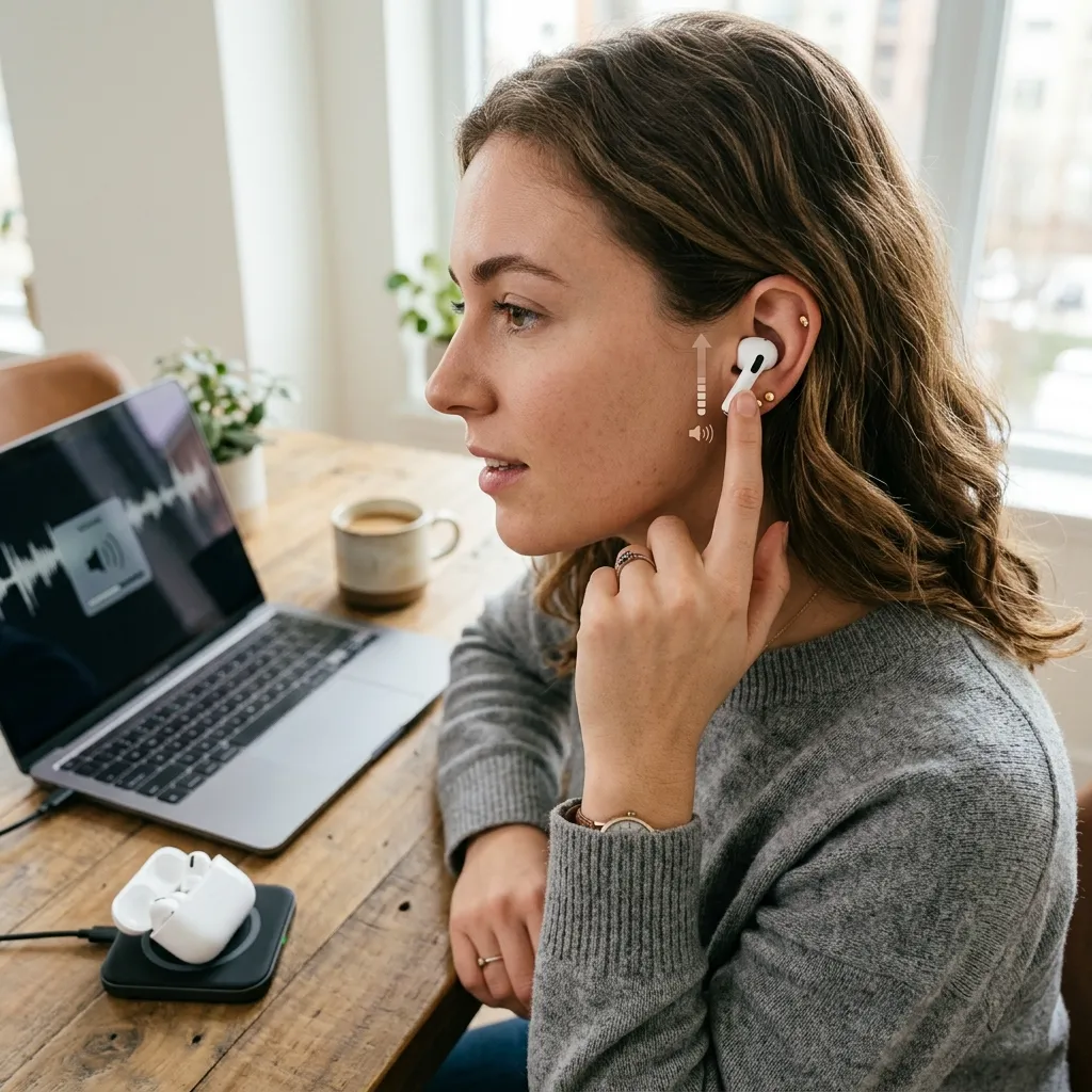 A woman sitting at a wooden desk with a laptop, adjusting the volume on her wireless earbud.