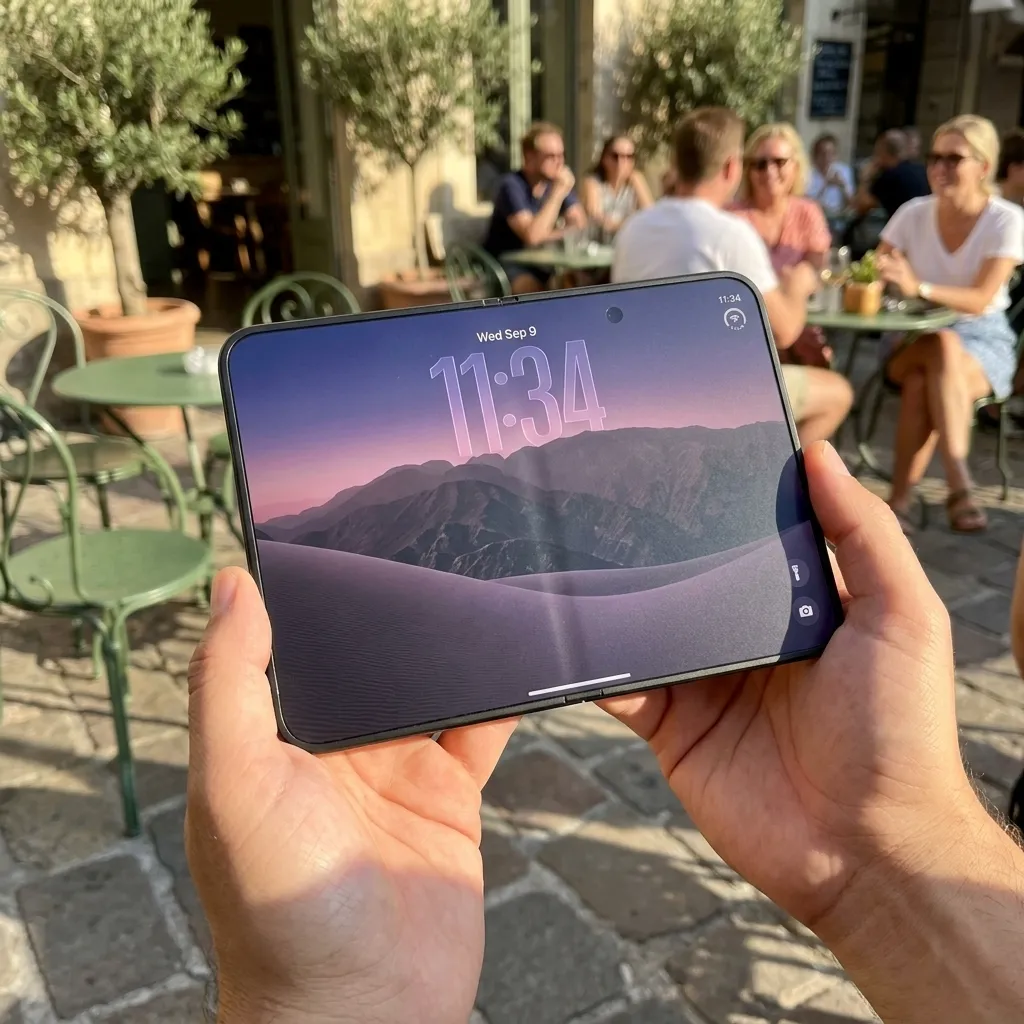 A person holding an open foldable smartphone displaying a lock screen with a mountain landscape at a product launch event with an audience in the background.