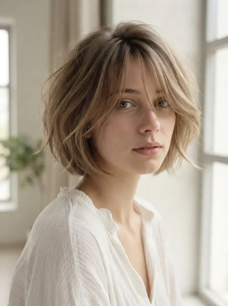 Front portrait of a woman with a piecey blonde bob and face-framing fringe, wearing a white textured top near a bright window.