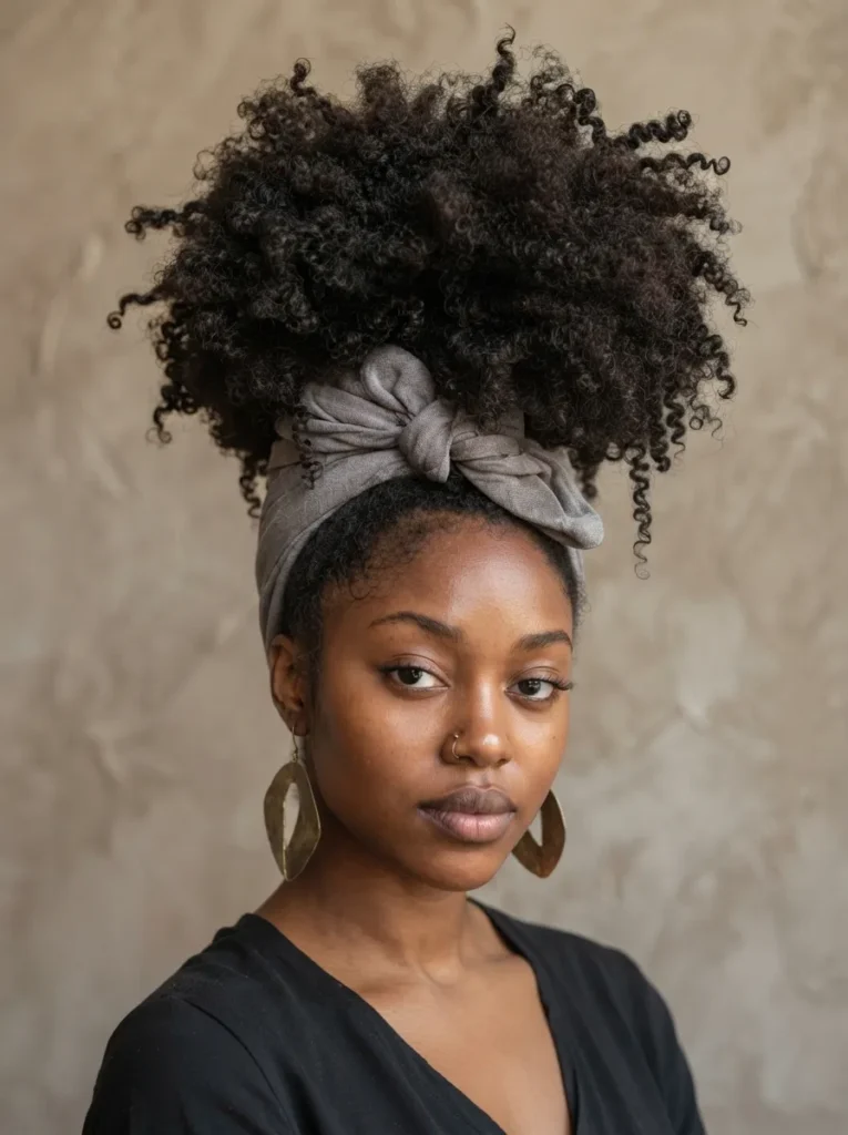 A Black woman wearing a gray knotted headwrap holding a voluminous high curly pineapple afro puff, with large statement earrings.