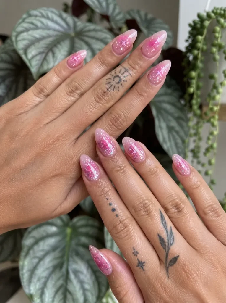 Two hands displaying pink glitter aura almond nails with starburst designs against a plant background