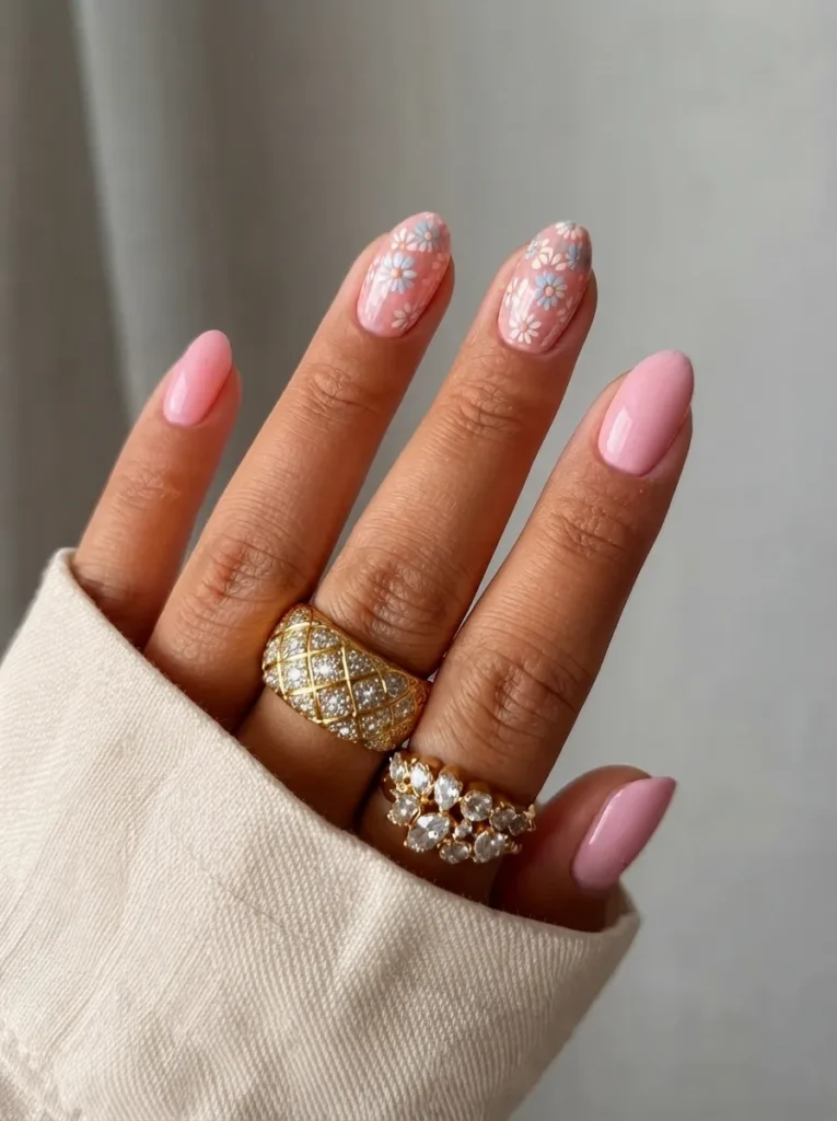 Pink oval-shaped nails adorned with white and blue floral accents, paired with chunky gold statement rings