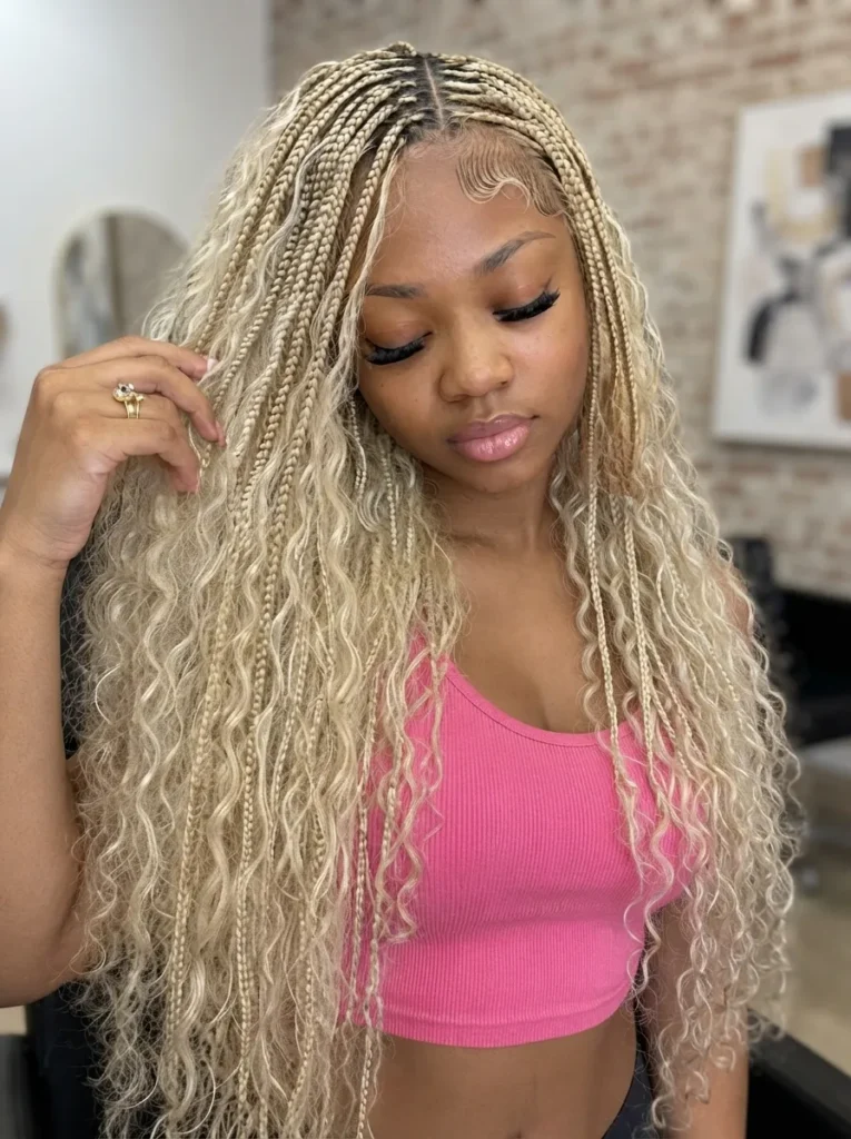 A close-up portrait of a woman wearing long, platinum blonde box braids with curly ends and a pink crop top.