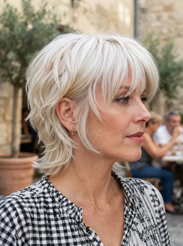 Side profile of a woman with a platinum blonde shag haircut and bangs outdoors