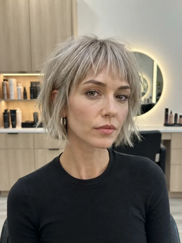 Woman with ash-blonde textured choppy bob haircut and wispy bangs wearing a black tee.