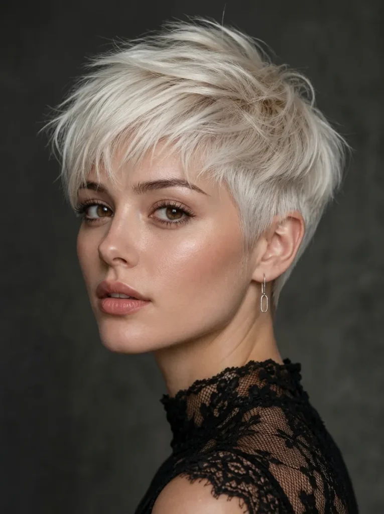 Portrait of a woman with a piecey platinum blonde pixie hairstyle with layered bangs, wearing a black lace top.