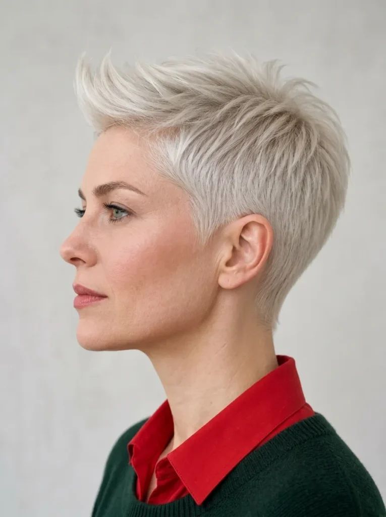 Side profile of a woman with a short platinum blonde pixie cut styled with a brushed-up quiff, wearing a red collared shirt under a green sweater.