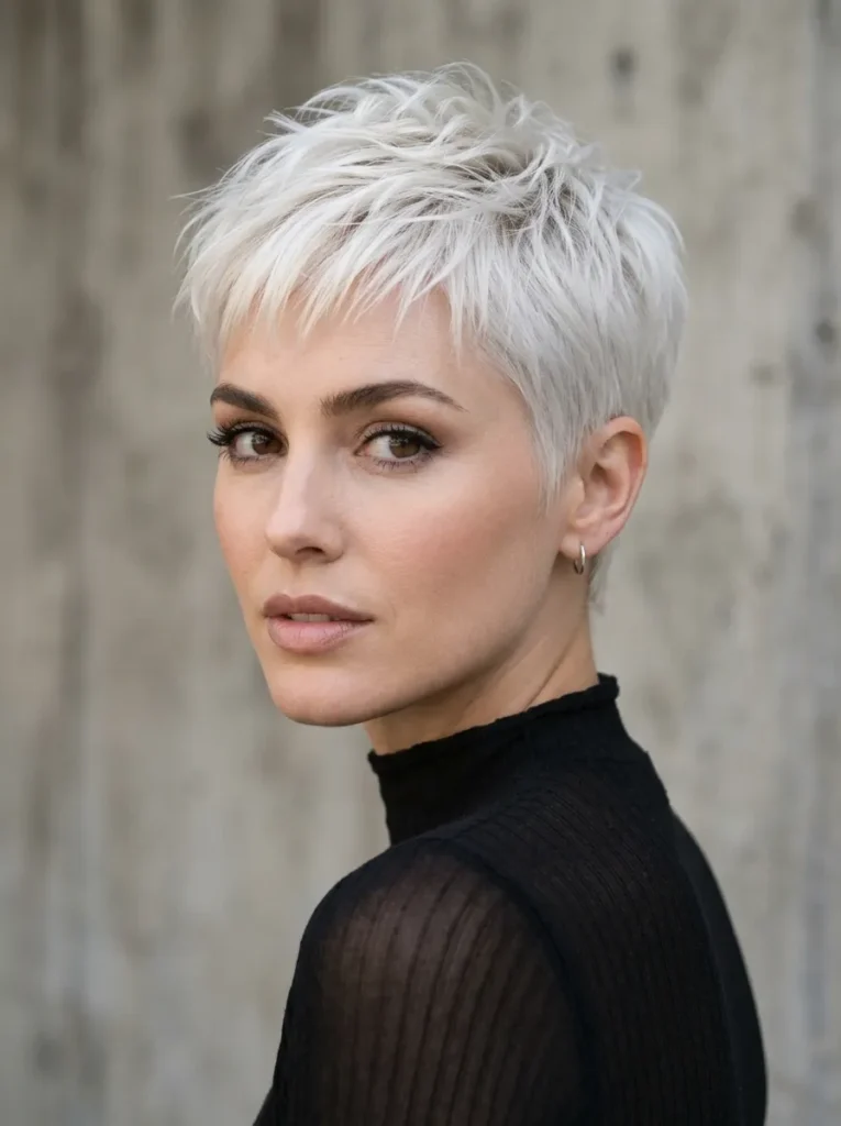 Portrait of a woman with a cropped, textured platinum blonde pixie cut wearing a black sheer turtleneck.