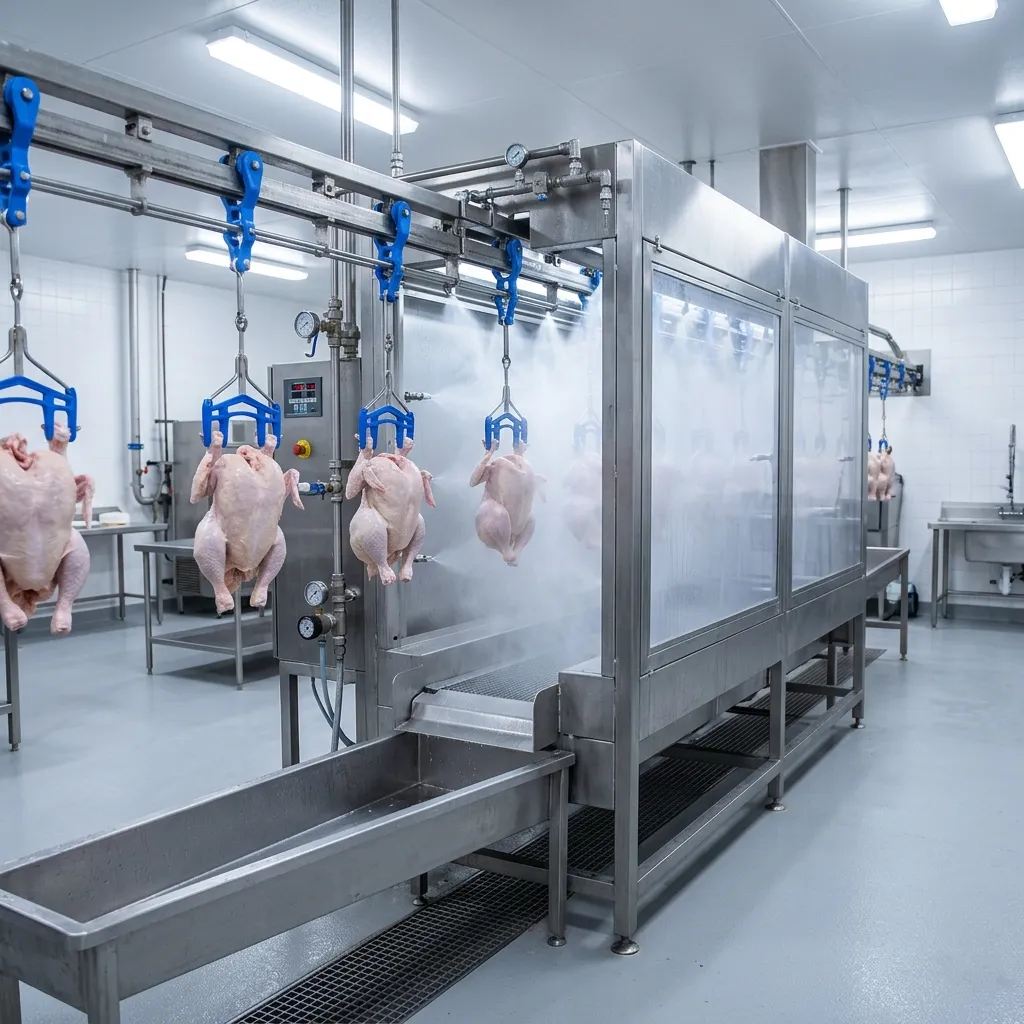 Automated industrial spray wash system cleaning chicken carcasses on a processing line in a poultry factory.
