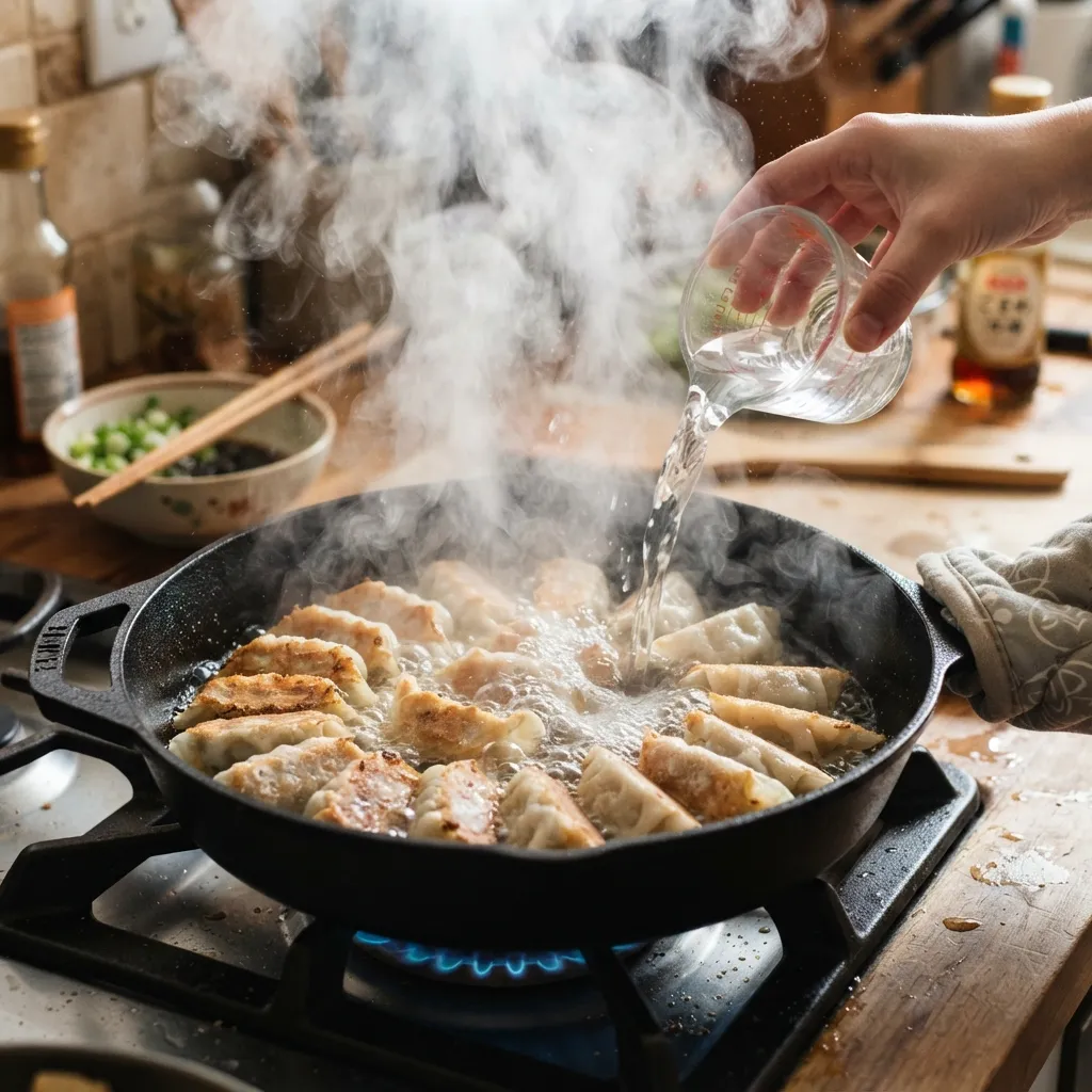 A hand pouring water from a small glass measuring cup into a hot skillet with pan-frying gyoza dumplings, creating a large cloud of steam.