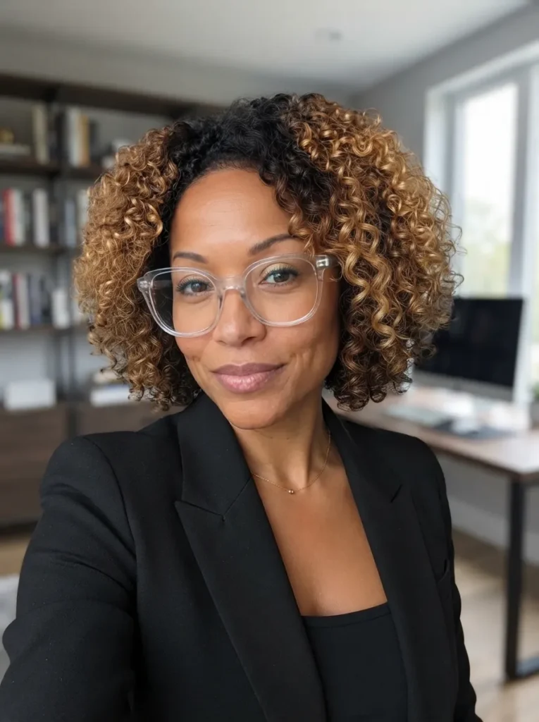 Professional headshot of a woman wearing clear glasses and a black blazer, featuring curly honey blonde ombre hair
