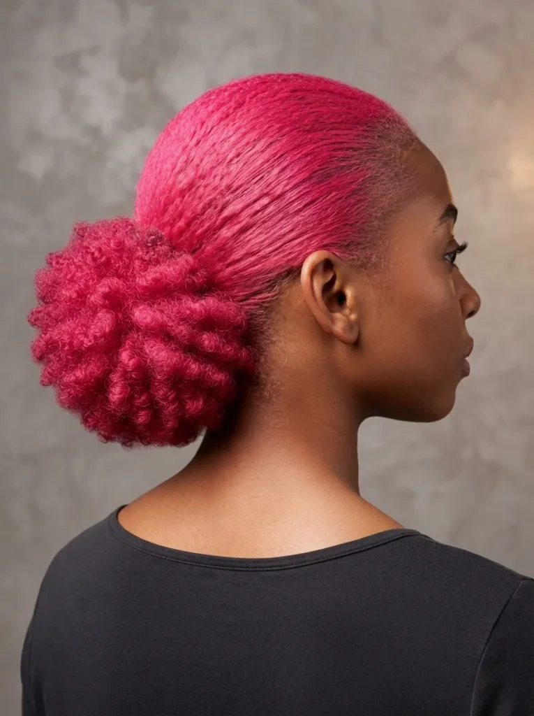 Profile view of a woman with bright hot pink styled hair pulled back into a low curly puff hairstyle wearing a dark top